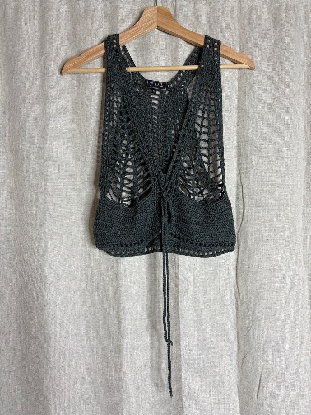POL Dark Charcoal Crochet Tie-Front Vest